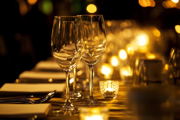 Verres à vin et bougies sur une table élégante pour dîner de gala
