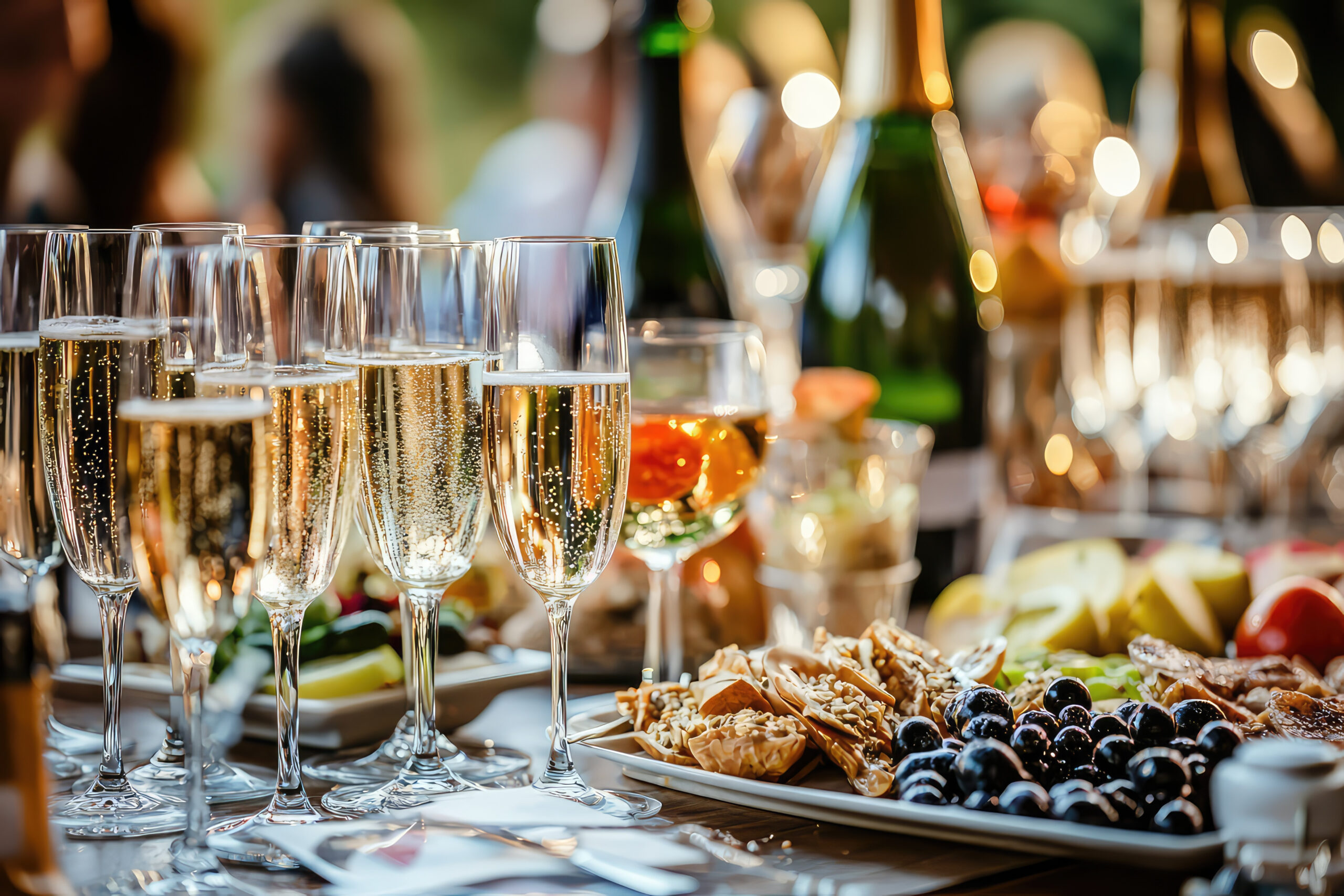 Coupes de champagne et buffet apéritif pour un dîner de gala en été