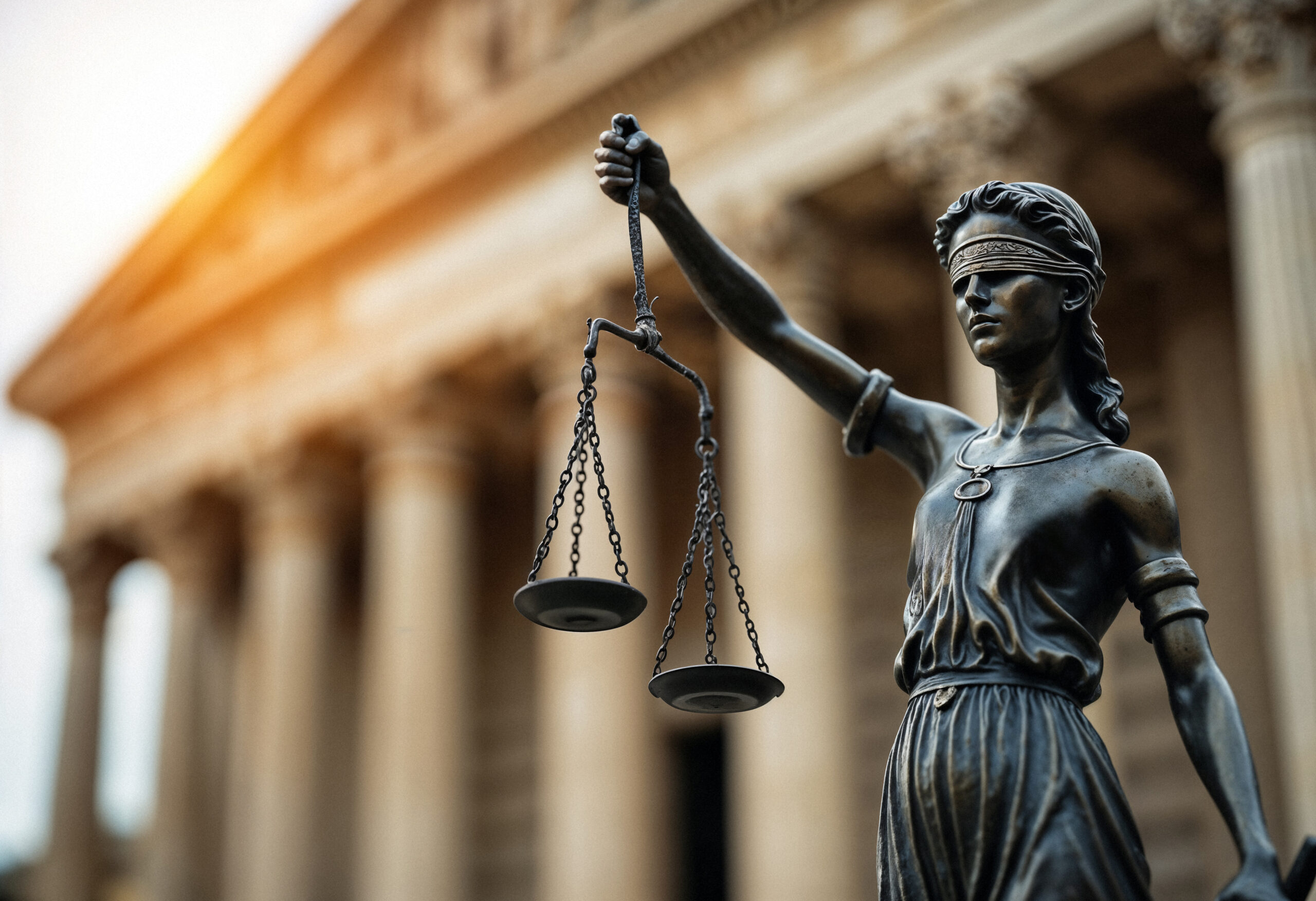 Statue de la Justice aux yeux bandés tenant une balance devant un palais de justice