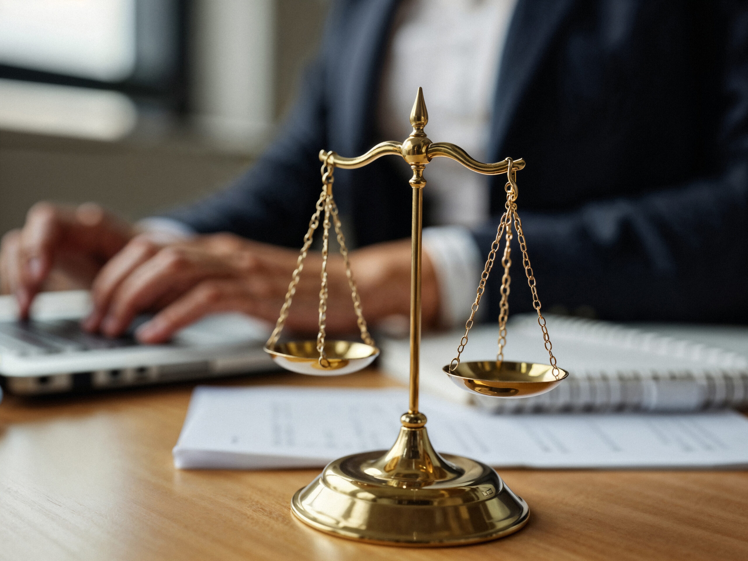 Balance de justice dorée posée sur un bureau devant une professionnelle travaillant sur ordinateur